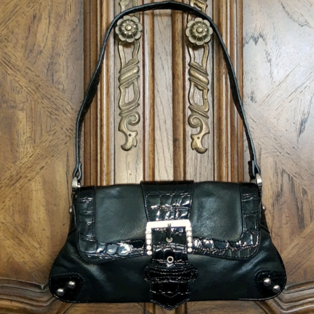 Caché Black Leather Mini Purse Rhinestone Buckle